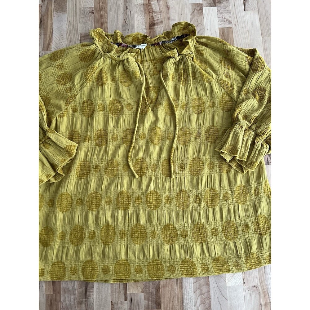 Umgee Women's 3/4 Sleeve Tunic Top Ruffle Textured Cotton Mustard Boho L